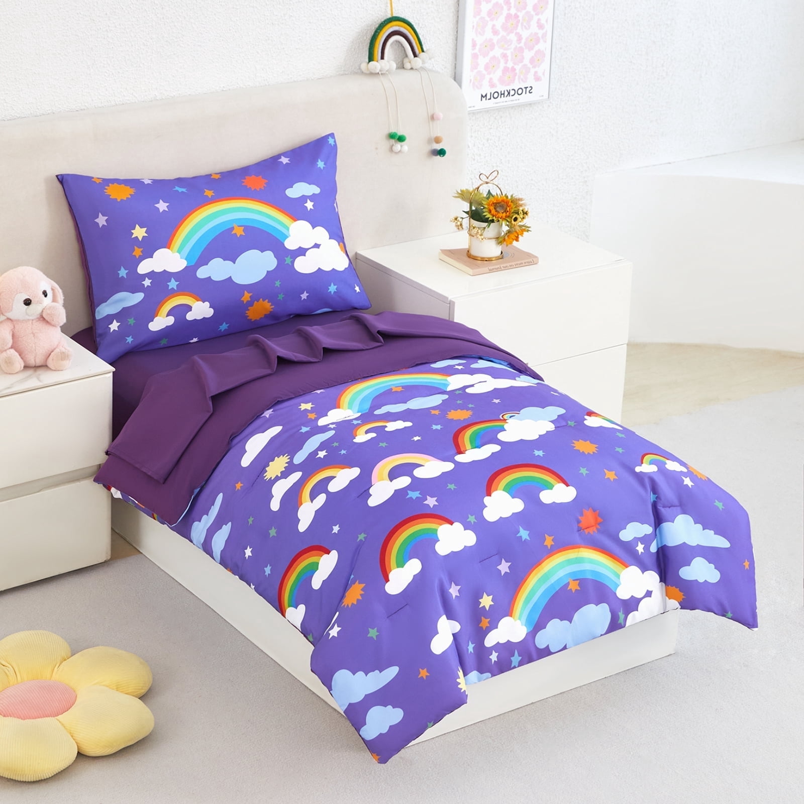 ZRNBAST 4 Piece Toddler Comforter Set for Girls, Soft Colorful Rainbow Clouds Printed Bedding Set, Purple
