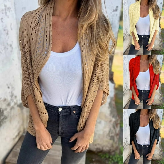 FRSASU Womens Summer Lightweight Cardigan Sweaters Solid Color Hole Open Front 3/4 Sleeve Knit Coat Yellow XL(XL)