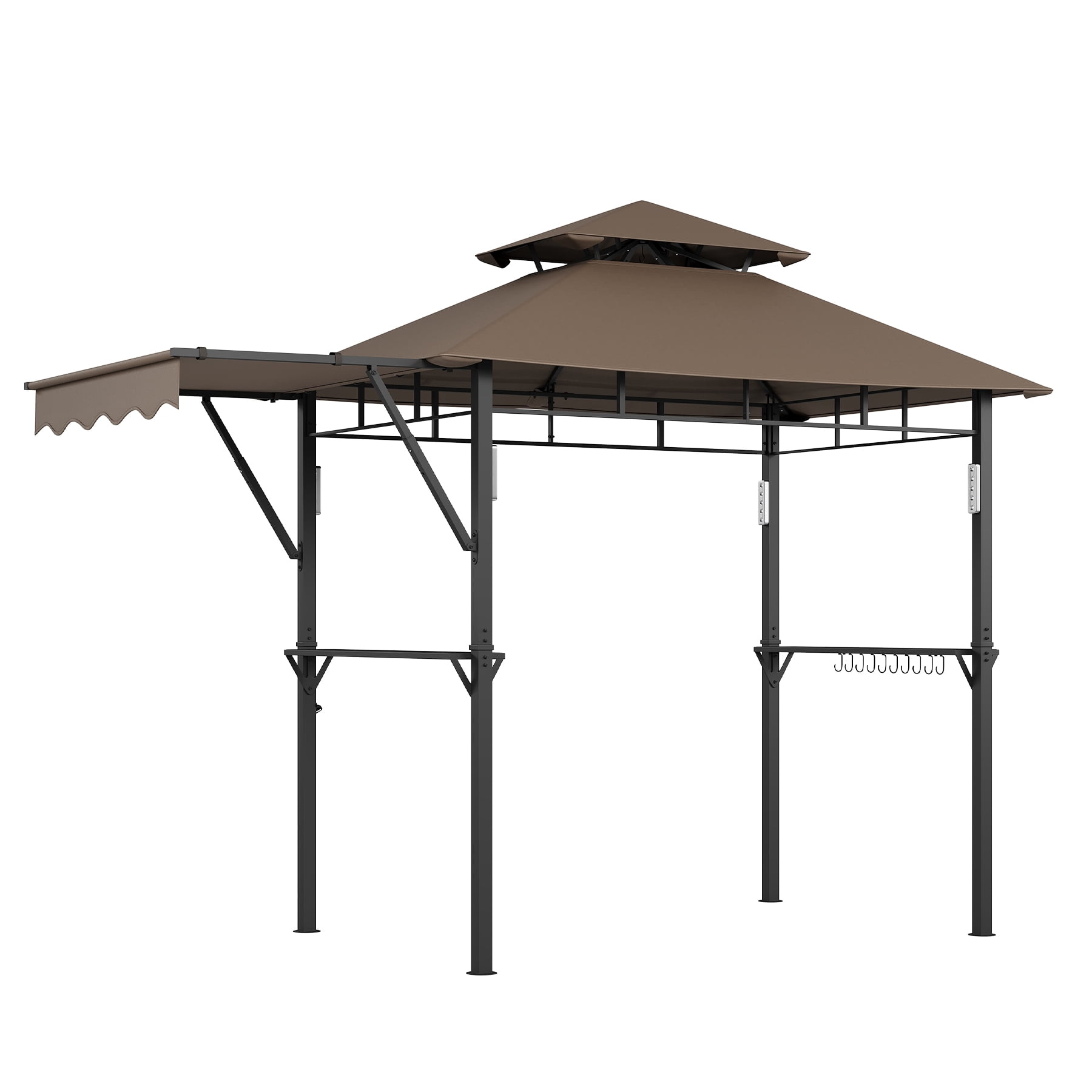8x5 ft Grill Gazebo with Double-Tiered Roof, Heavy Duty Steel Frame BBQ Canopy with Side Shelves, LED Lights, Hooks & Bottle Opener for Backyard
