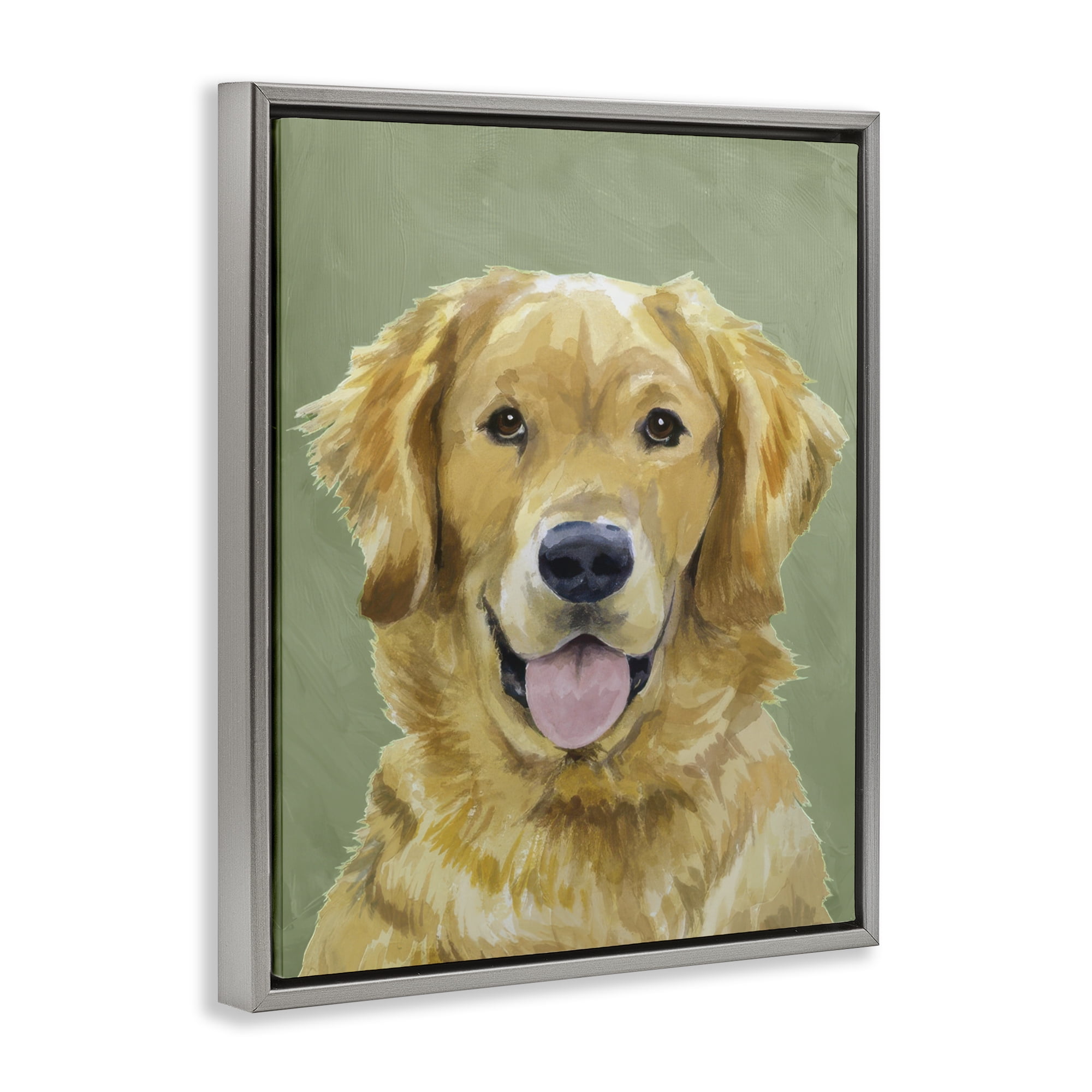 Stupell Industries Smiling Golden Retriever Portrait Gray Framed Floater Canvas Wall Art, design by Lil' Rue