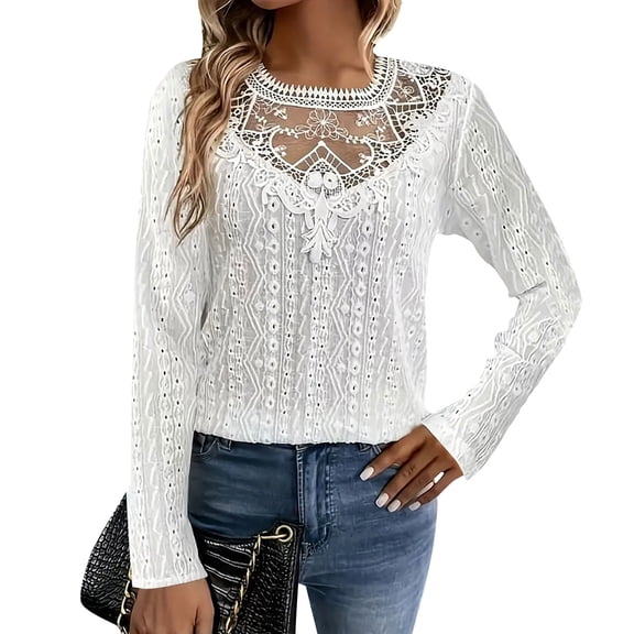 LWavelet Lace Long Sleeve Blouse Womens Plus Size Stylish Easy to Match Daily Casual Loose Fit Top White L