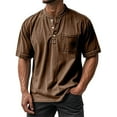 thumbnail image 2 of Qwertyu Mokaloha Mens Shirts, Retro Washed Distressed Solid Color Casual Short Sleeve Henley Tops with Pockets Brown 2XL, 2 of 5