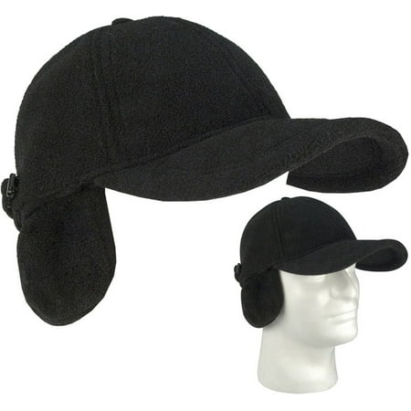 - Black Low Profile Fleece Baseball Hat Cap w Ear Flaps Earmuffs Covers Fits All