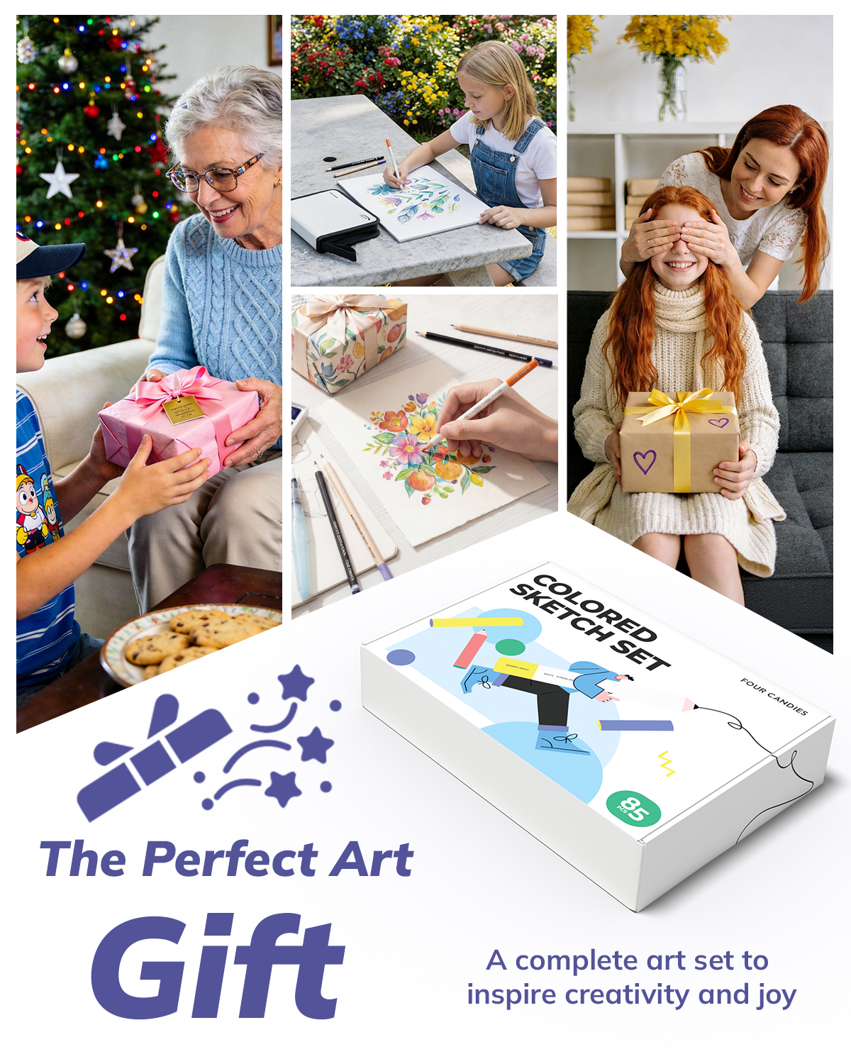 Four Candies Colored Sketching Set-85 Sketching Kit for Artist Gifts, Art Supplies, Drawing Set with Colored Pencils