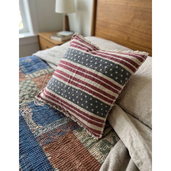 American Flag Cushion Cover – Red White Blue Striped Stars Pillow Cover with Fringe – Rustic Farmhouse Patriotic Throw Pillow Case