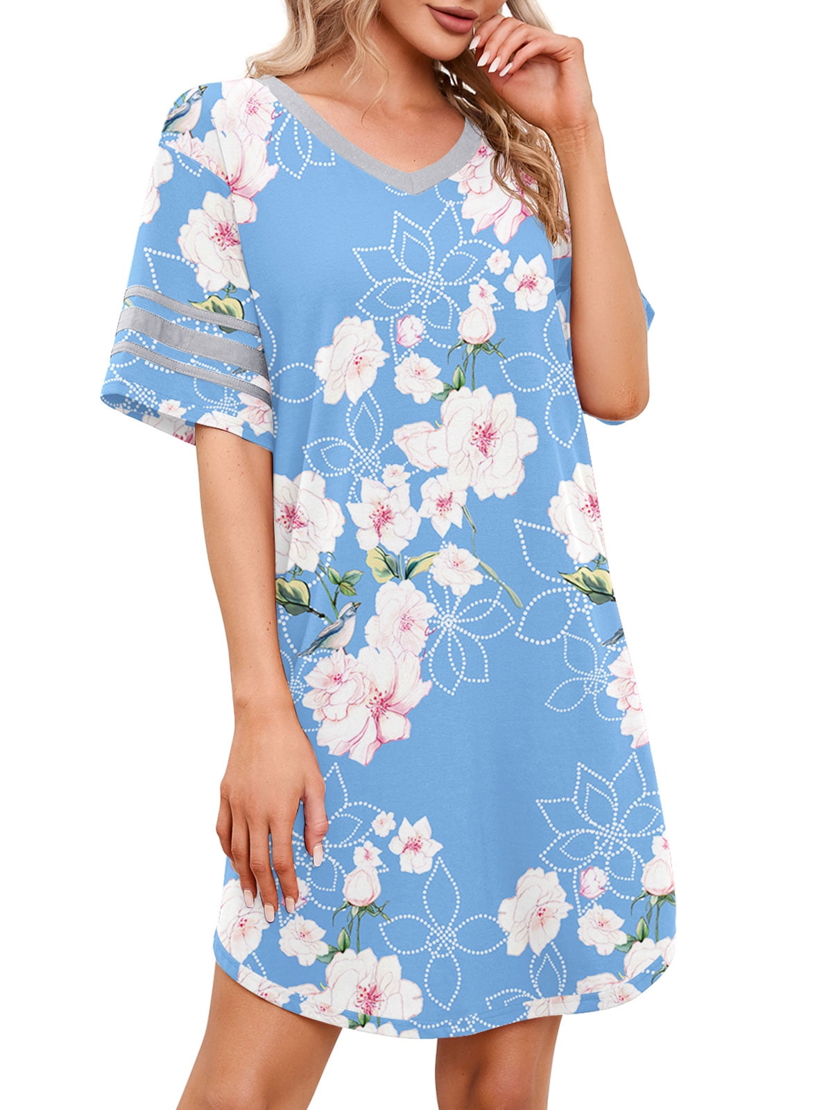 MINTREUS Women's Nightgown Short Sleeve Nightshirt V Neck Sleep Shirt ...