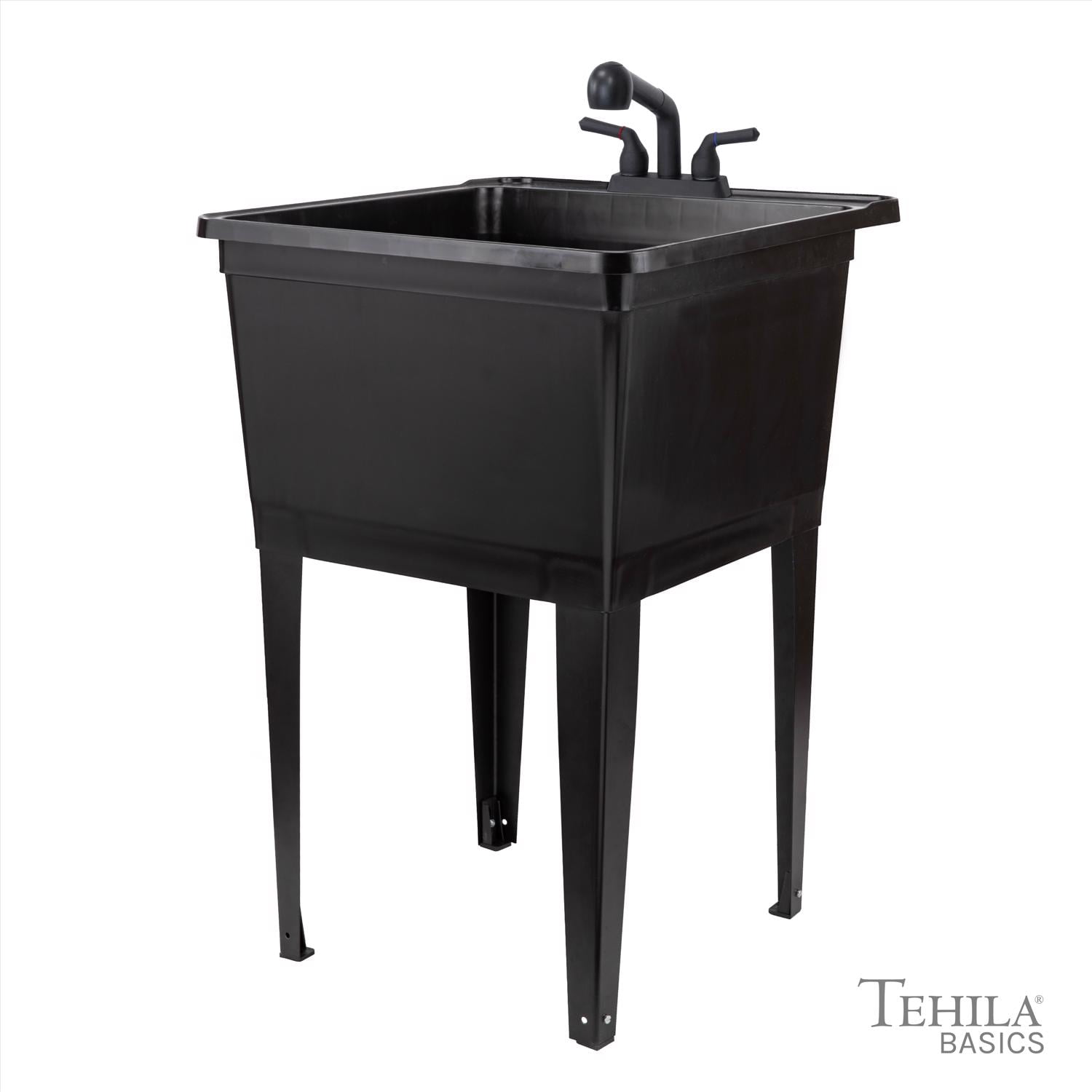 Tehila Standard Freestanding Black Laundry/Utility Sink, Black Finish Pull-Out Faucet