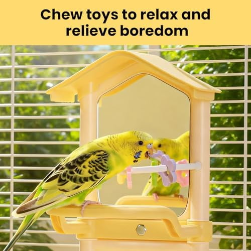 8.1 Inch Pet Bird Mirror with Perch Stand and Parakeet Chew Toys,Parrot Toys Bird Cage Decorative Accessory, Helps Birds Release Stress for Canaries Budgies Lovebirds Conures Cockatiels (Pink)