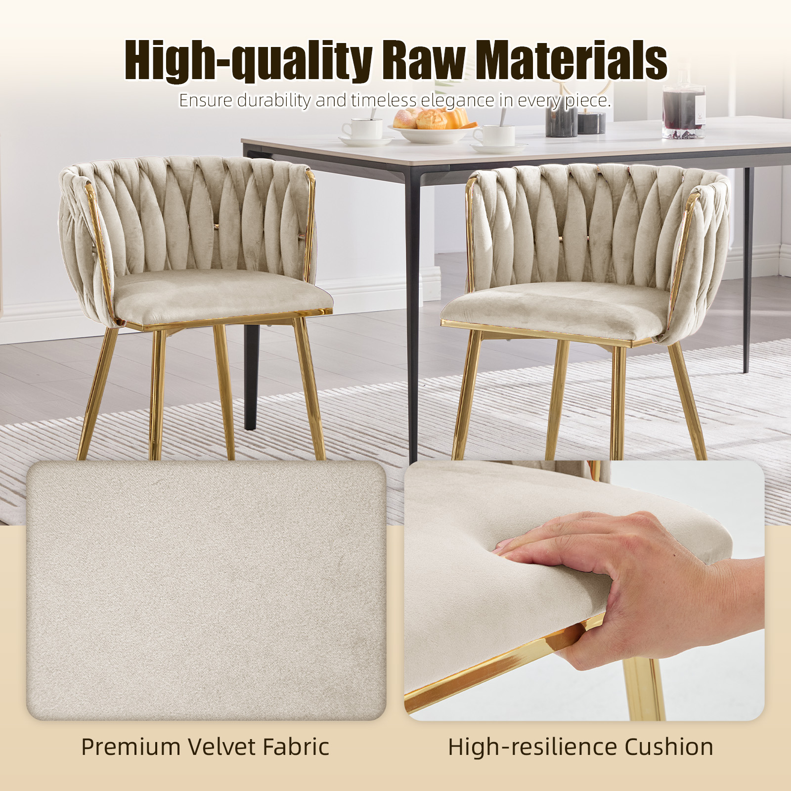 MOONMISS Velvet Upholstered Tufted Wood Frame Side Dining Chair with Golden Legs（set of 2）-Ivory