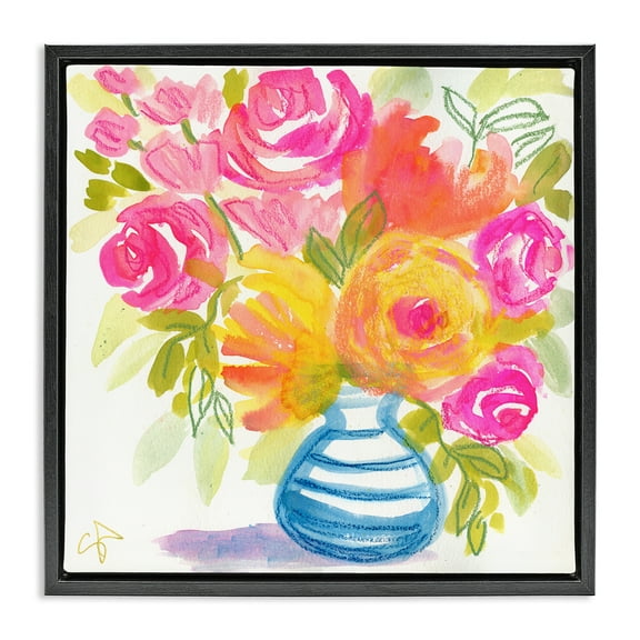 Stupell Industries Pink & Yellow Bouquet Plants & Flowers Painting Black Floater Framed Canvas Art Print Wall Art, 18 x 18