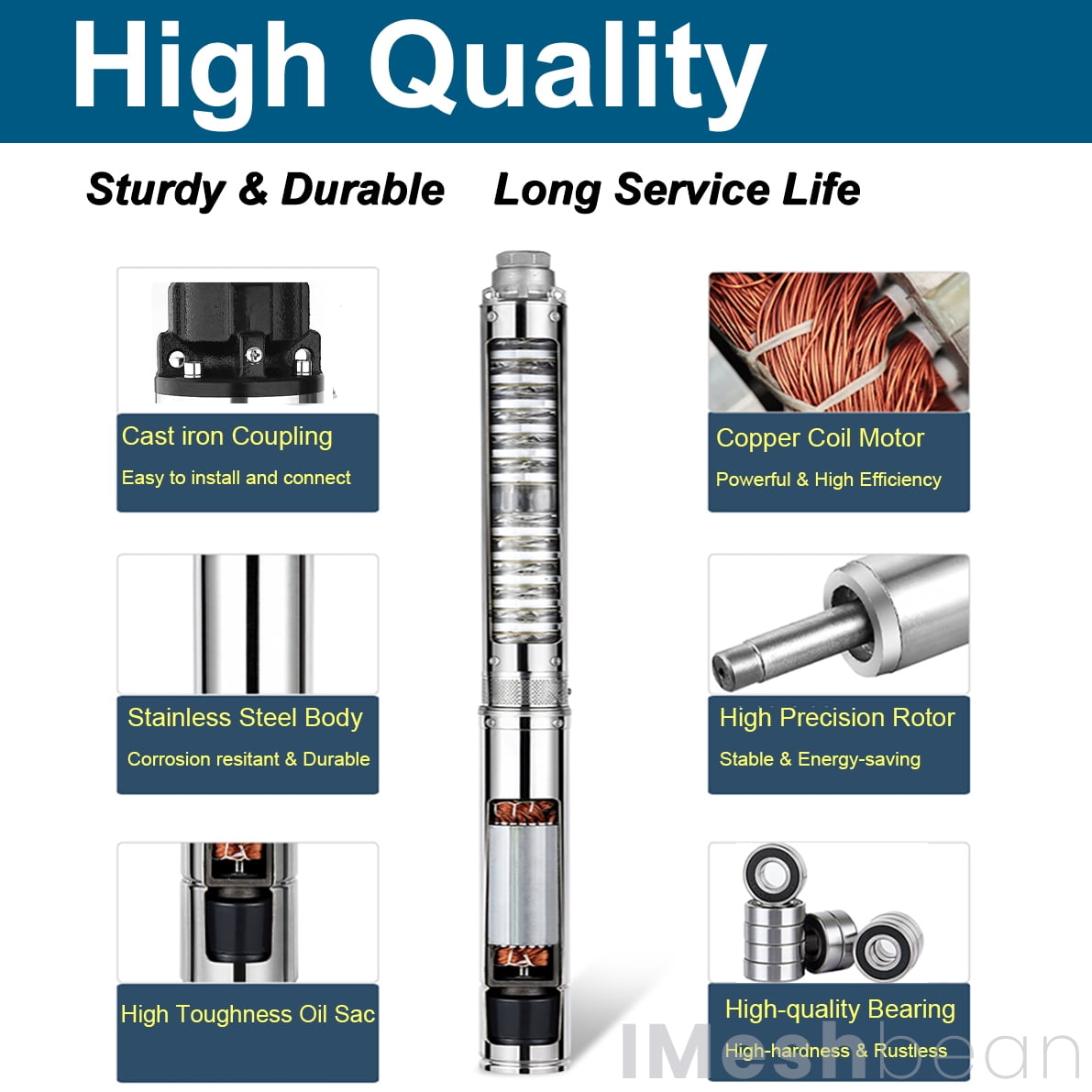 iMeshbean Deep Submersible Well Pump 1HP 33GPM 207ft Head with 33ft Electric Cable,220V 1.25" NPT Submersible Well Pump 4" Stainless Steel Water Pumps for Industrial, Irrigation and Home Use