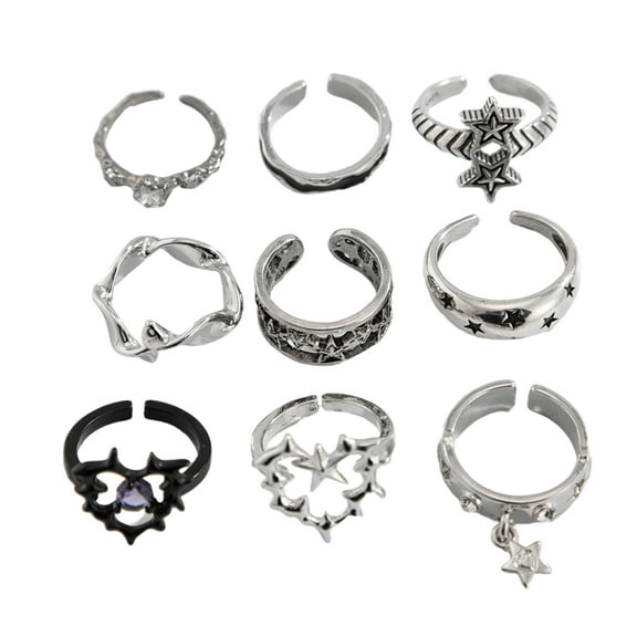 9 Pieces Trendy Thorn Vintage Rings for Women Men Silver Gothic Set Featuring Snake Heart Skull and Butterfly Styles