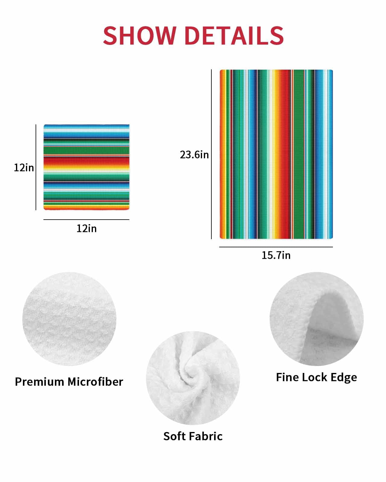 Mexican Stripes Dish Towels Set, Waffle Weave Kitchen Towels 3 Pieces, Colorful Striped Mexican Fiesta Theme Microfiber Hair Face Bath Tea Towel Absorbent Quick Drying Cleaning Dish Cloths, 12"x12"