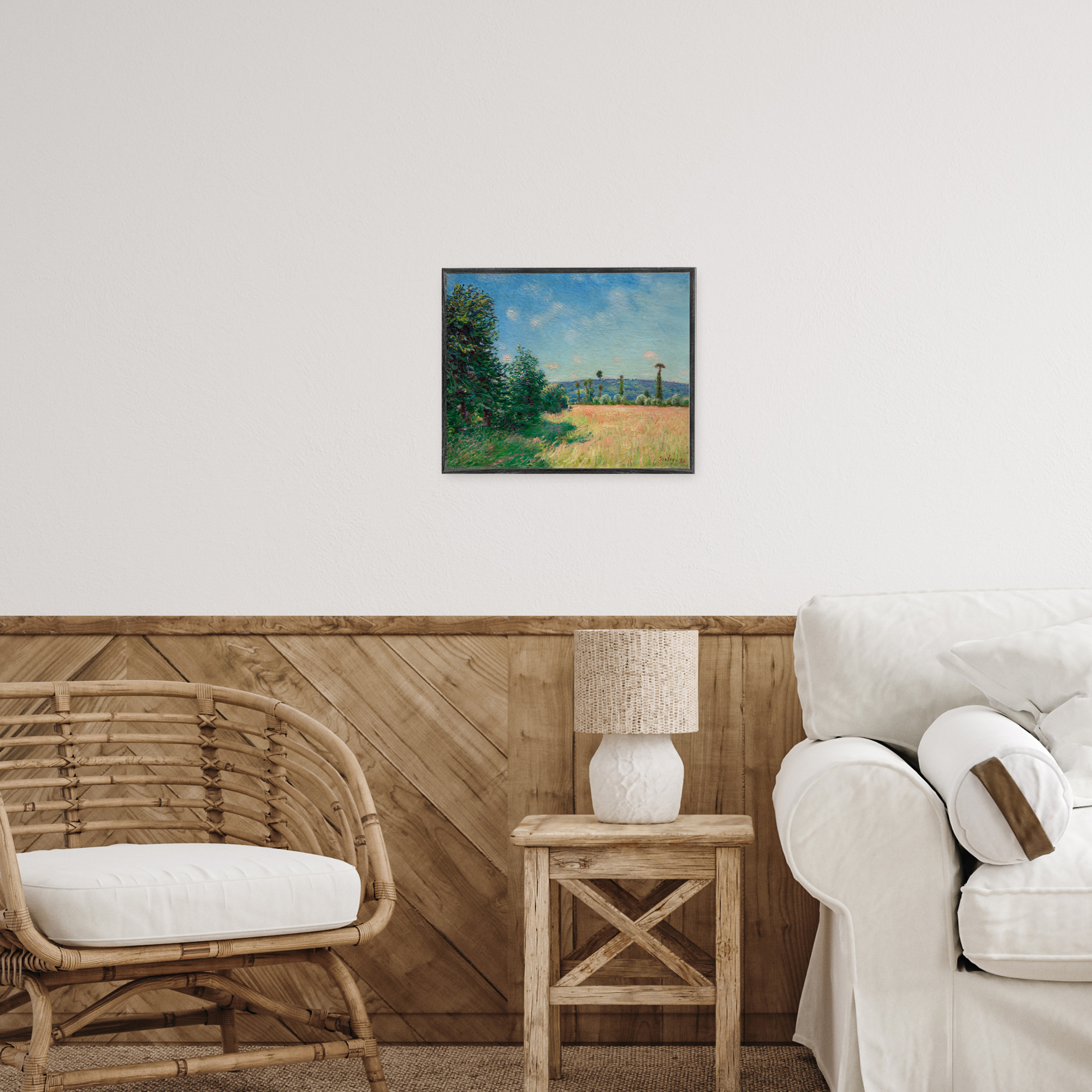 Sahurs Meadows in Morning Sun Gray Framed Giclee Art, design by Alfred Sisley