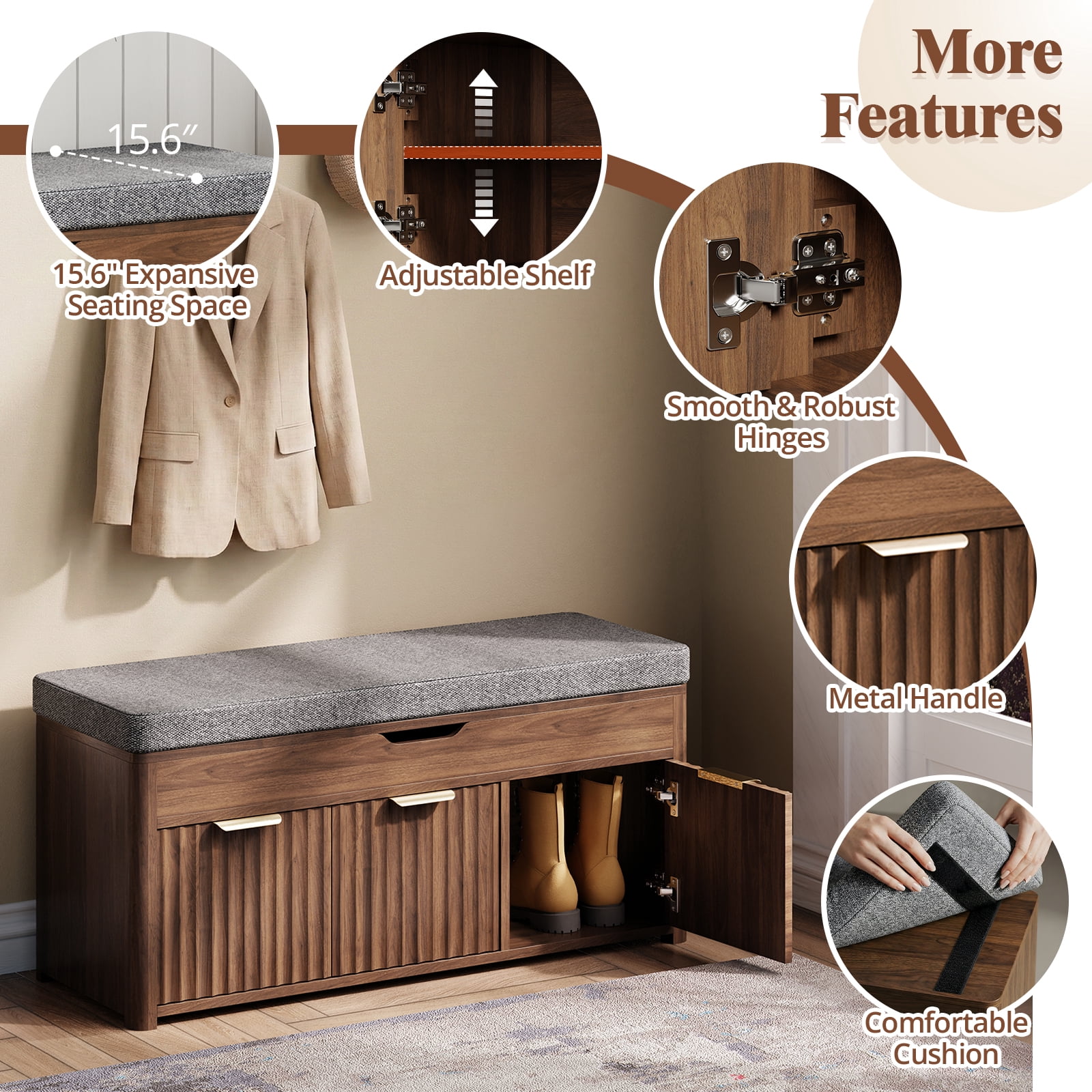 Shoe Storage Bench, Wooden Storage Chest ,3 Doors, Adjustable Shelf,  Bench with Shoe Rack for Entryway, Bedroom, Living Room, Walnut Brown