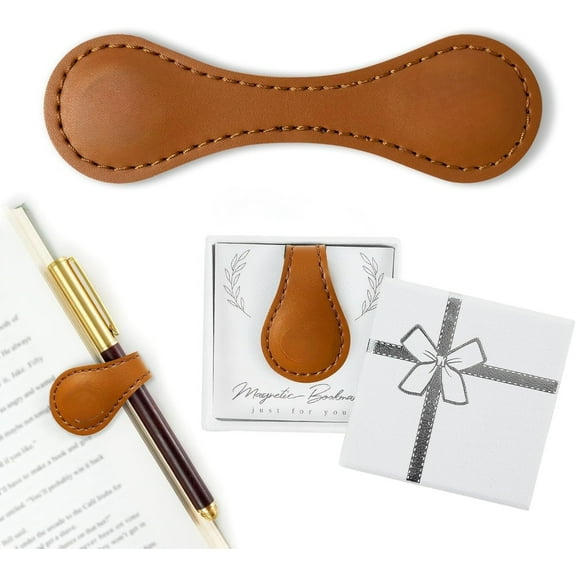 Personalized Leather Magnetic Bookmark with Pen Holder – Custom Initial Design for Readers (Brown)