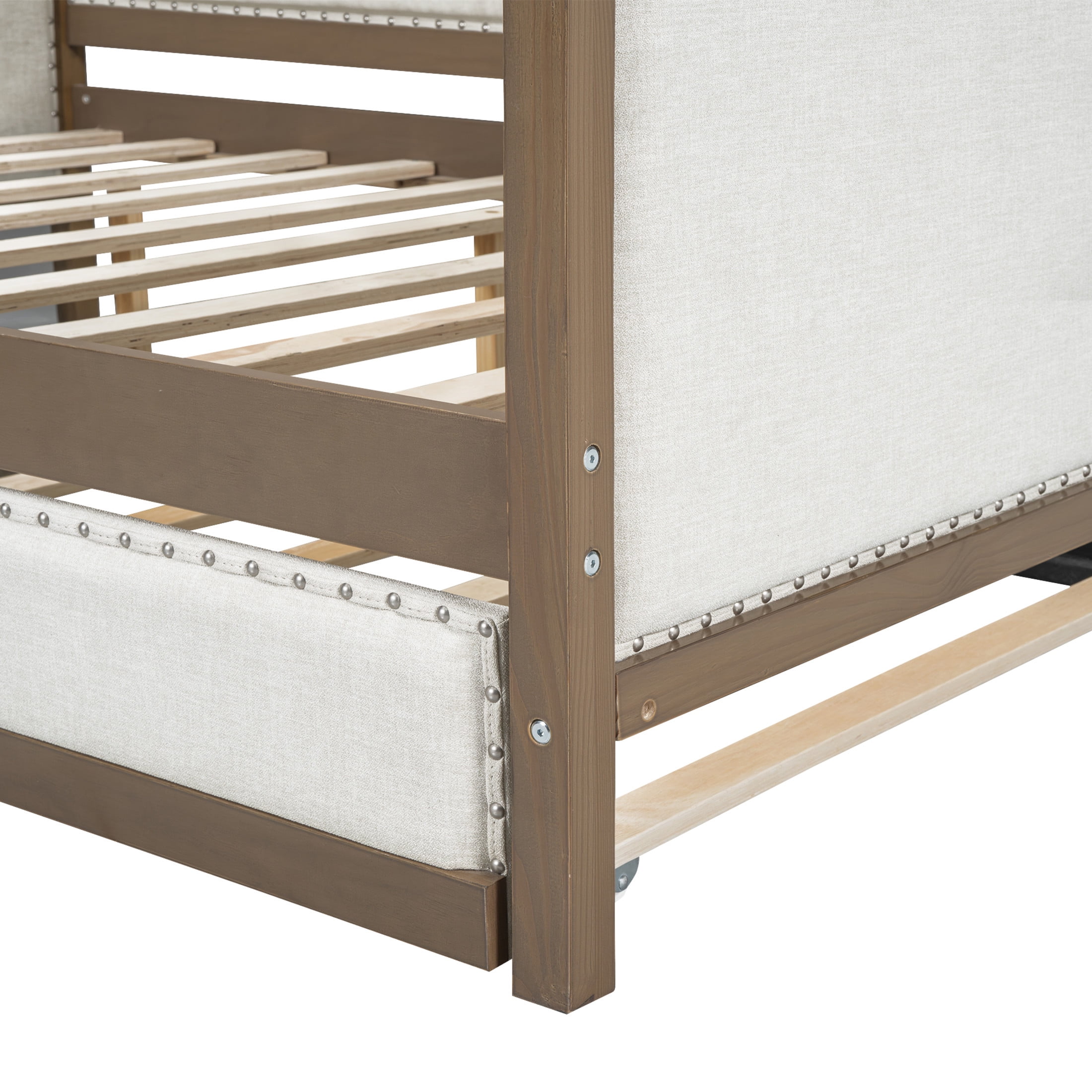 Noble House Dover Full Upholstered Daybed, Linen Guest Bed with Twin Trundle and Nailhead Trim, Wood & Beige