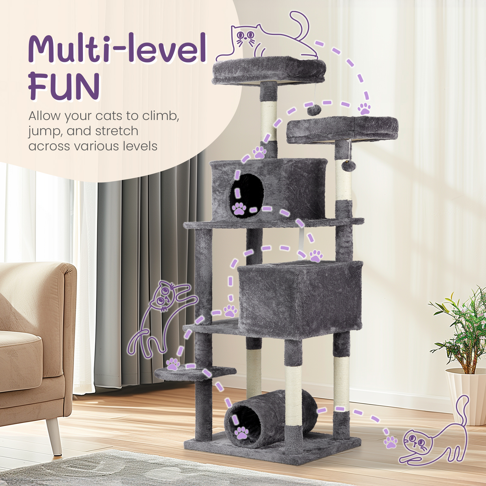 65 Inch Cat Tree Cats Tower for Indoor, Large Multi-Level Cat Play House Condo Furniture with Padded Platform Beds, Large Cozy Condos, Sisal Scratching Posts, Toy Balls and Cat Play Tunnel
