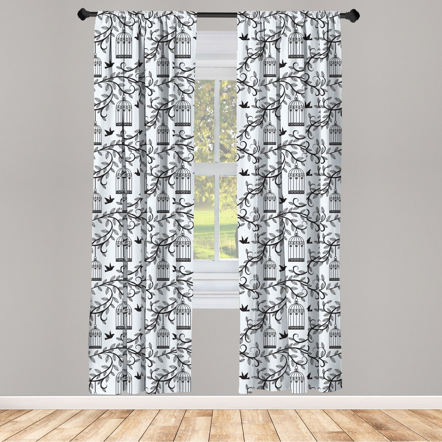 Birds Curtains 2 Panels Set, Ornate Cages with Branch of Tree
