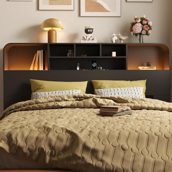 Apicizon King Size Bookcase Headboard with Charging Station & 2 LED Lights, Black