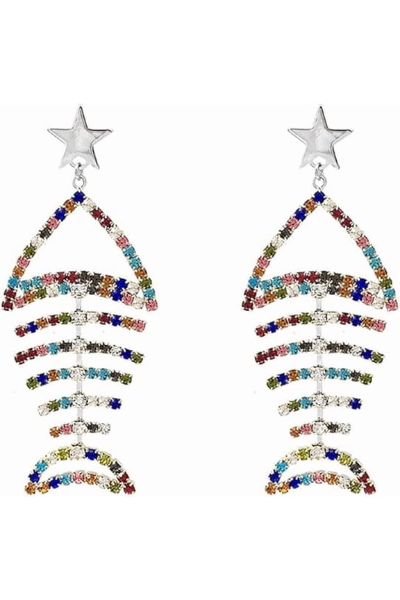 Multicolor Crystal CZ Fishbone Dangle Earrings for Women Statement Large Long Fish Skeleton Earrings