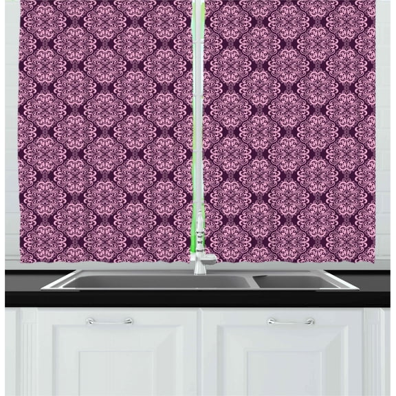 Ambesonne Plum Pink Kitchen Curtains, Damask Floral Swirls, 55"x39", Plum and Pale Pink