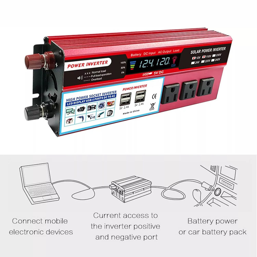 PrePat Car Power Inverter 5000W DC 12V To AC 110V Pure Sine Wave Solar Converter 4 USB