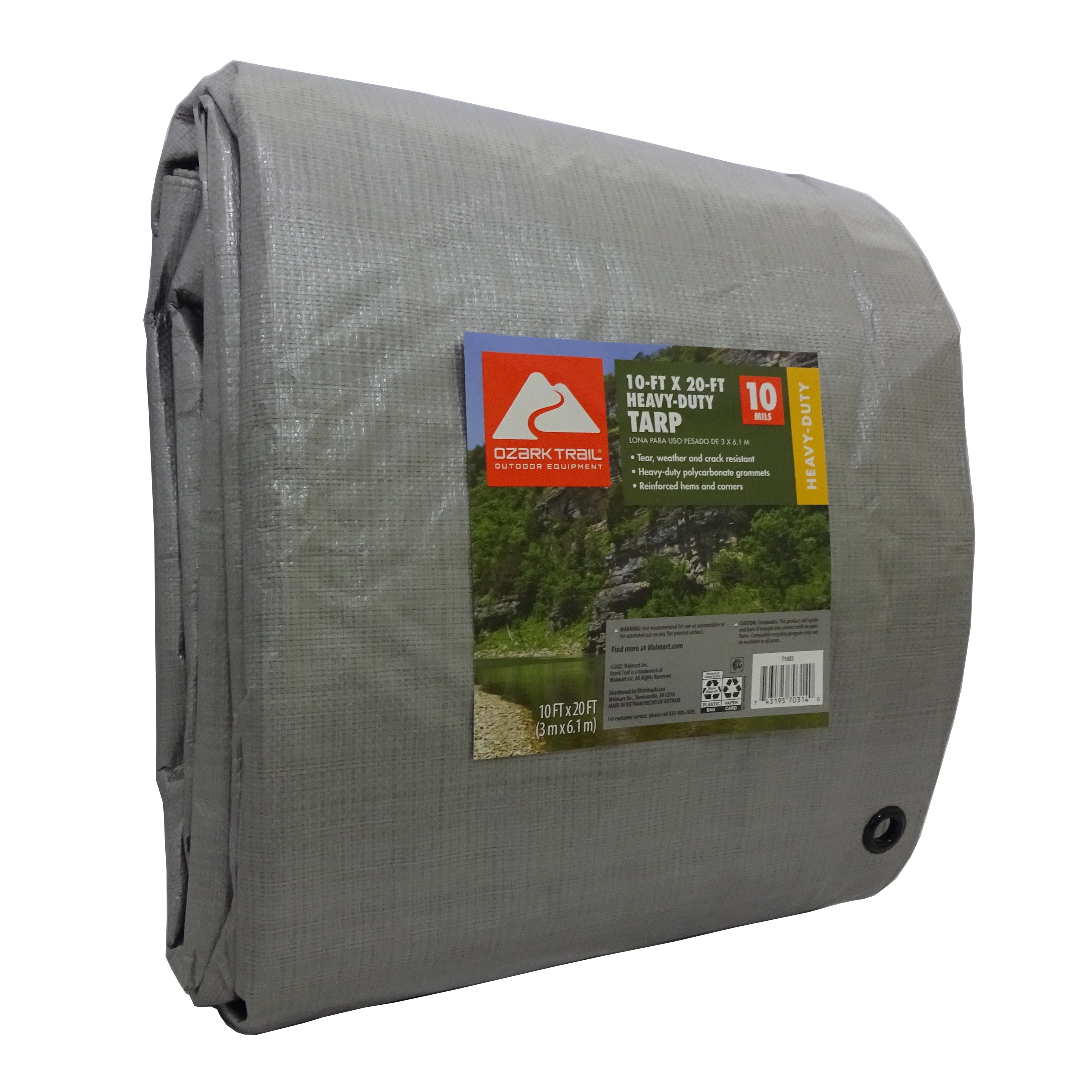 Ozark Trail Heavy-Duty Tarp, 10' x 20', PE Material, 10 Mil, Reinforced Grommets