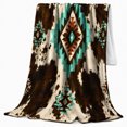 thumbnail image 2 of Turquoise Stepped Diamonds Over Mottled spotted cattle pattern Spots, Soft Flannel Blanket with Rustic Southwestern Geometry Print, Housewarming Gift and Home Decor for Bedroom and Living Room, 2 of 7