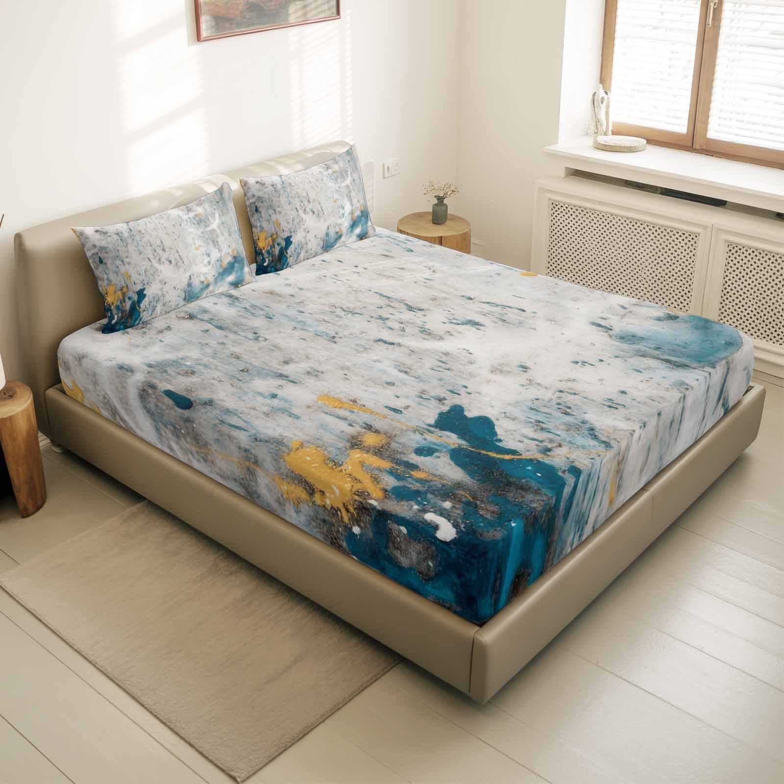Twin Sze Fitted Sheet Set - Gray Teal 2 Piece Bedding Sets 16" Deep Pocket Fitted Sheet with 1 Pillowcase, Modern Abstract Art Retro Flow Marble Brushed Microfiber Hotel Luxury Bed Sheets