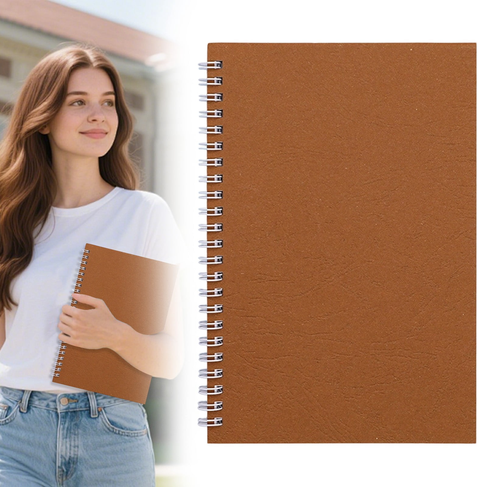 VKLU Brown A5 Spiral Notebook, Professional Leather Texture Cardboard Cover, Reinforced Wirebound Note Taking Book for Executive Planning Use
