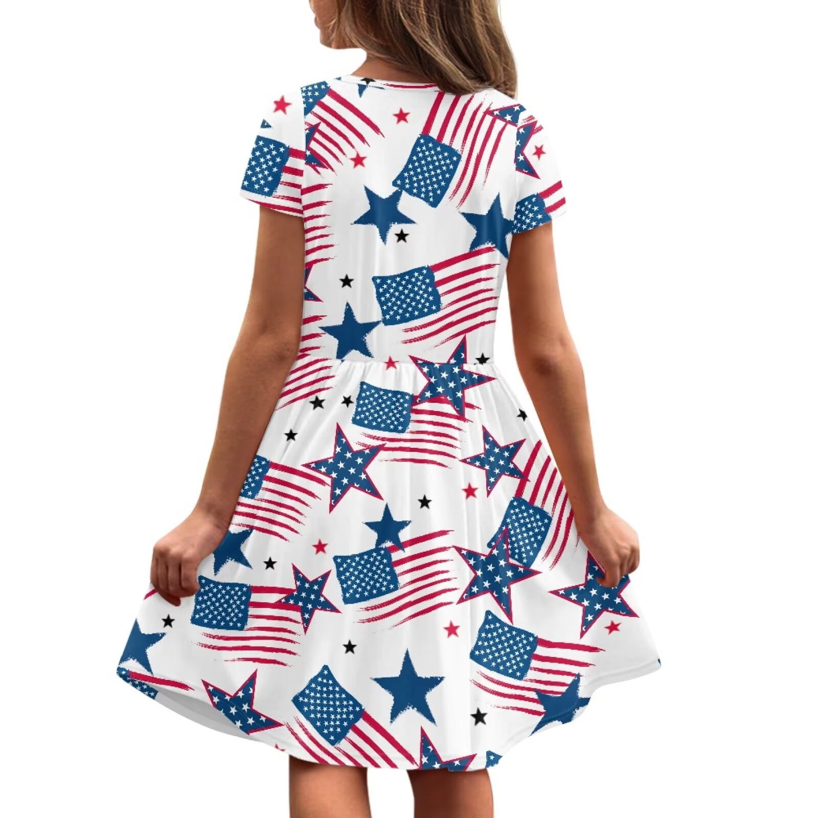 Uourmeti American Flag Patriot Kids Short Sleeve Dresses Summer Soft Crew Neck Swing Dress Independence Day Casual Knee Length A-Line Dresses with Pockets for Toddlers Teens Girls