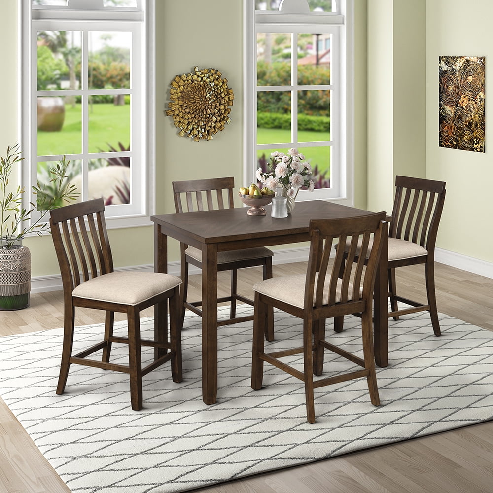 Kepooman 5Pcs Dining Sets, Transitional Style Counter Height Wood Dining Square Table & 4 Chairs with Upholstered Seat and Footrest, Yellow Oak Kepooman 5Pcs Dining Sets, Transitional Style Counter Height Wood Dining Square Table & 4 Chairs with Upholstered Seat and Footrest, Yellow Oak