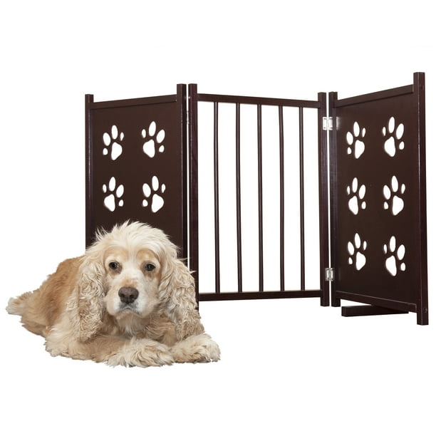 FurHaven Pet Gate | Paw Print Cutout Finish Wood Gate Barrier, Mahogany ...