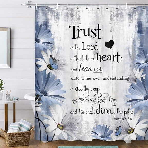Rustic Farmhouse Blue Shower Curtain Bible Verse Inspirational Shower Curtain Country Farm Bright Navy Blue Daisy Flowers Butterfly Abstract Shower Curtain Set for Bathroom, 70x84IN