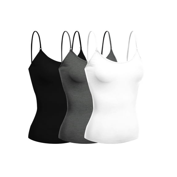 Emmalise Women's Camisole Built in Bra Wireless Fabric Support Short Cami (3Pk Black, HthCharcoal, White, Medium)