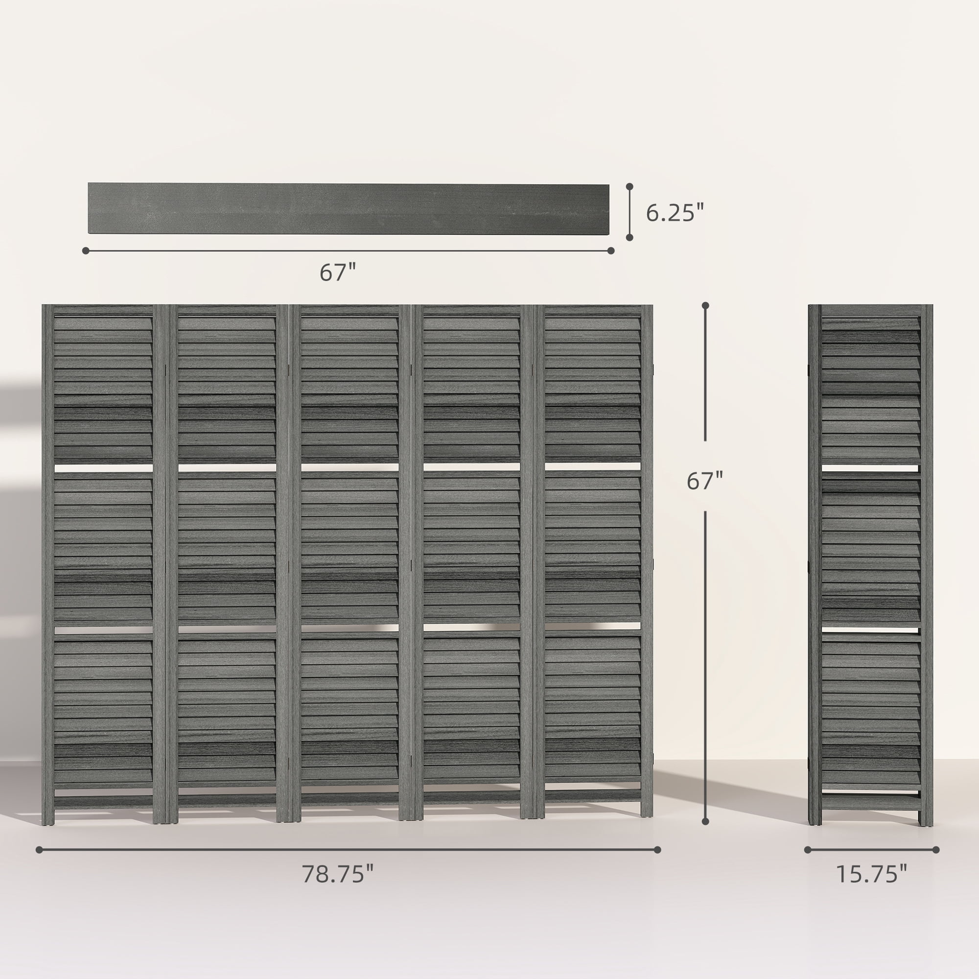 HOMCOM 5 Panel 67" Tall Wood Privacy Screen Room Divider with 3 Display Shelves, and Folding Storage for Bedroom or Home Office, Gray