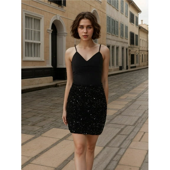 Black Sequin Mini Skirt - Ideal for Halloween, Thanksgiving & Christmas Parties, Perfect for Formal Dinner Parties