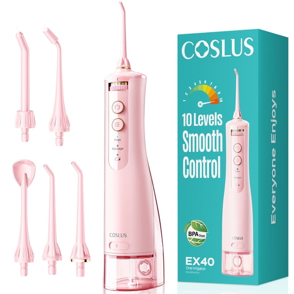 COSLUS EX40 Portable Water Flosser for Teeth,Water Dental Flosser with 10 Pressure Settings,Rechargeable,Cordless, for Travel-Pink