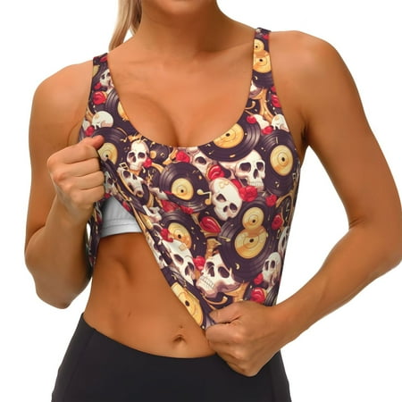 Qokaie Skull record lips Pattern Womens Scoop Neck Sports Bra Breathable Workout Vest Padded U Back Medium Impact Fitness Gym Yoga Bra Workout Crop Top
