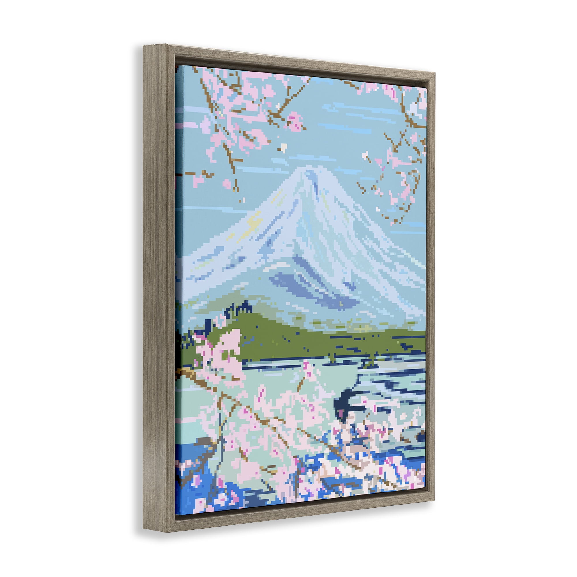 Stupell Industries Pixel Mount Fuji Landscape Painting Brown Floater Framed Art Print Wall Art, 17 x 21