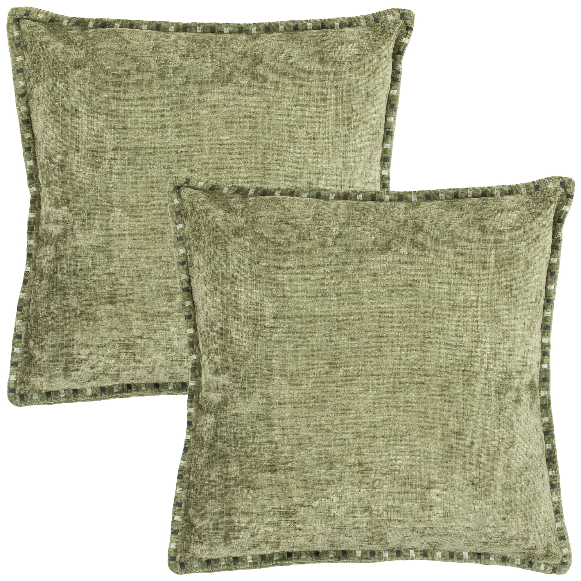 Chenille Throw Pillows with Short Satin Hem Stitching - 18" x 18" - Green - Set of 2