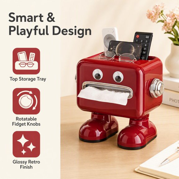 1pc Red Cute Cartoon Robot Tissue Dispenser Box, Multifunctional Tissue Holder with Phone Glasses Rack, Decorative Tissue Box for Kitchen, Living Room, Bedroom, Bathroom