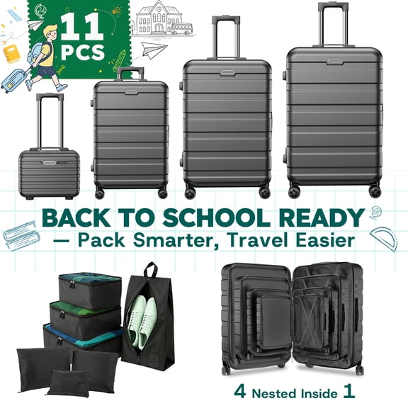 Luggage Sets 11 Piece Suitcases with Wheels, Suitcase Set ABS Hard Case Luggage with Lock Spinner Wheels Durable Travel Luggage