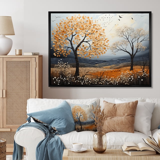 Designart Large Tree black framed wall art, Orange Tree Autumn Collage Acrylic I , Trees framed wall art decor, Orange Traditional black framed wall art, 40x30 inches black frame