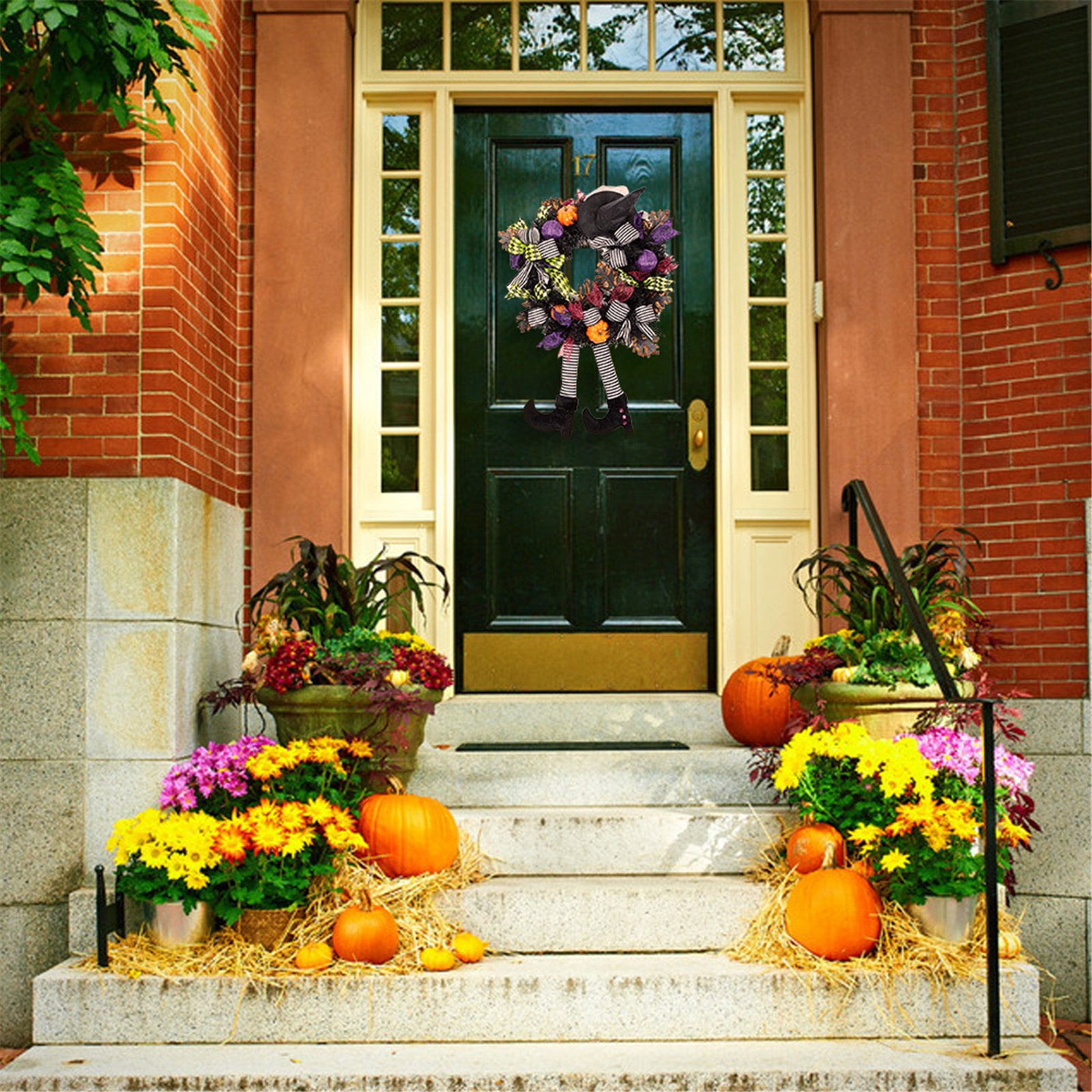 Happy Halloween Wreath 24Inch Witch Hat Legs Pumpkin Door Decorations Artificial Handmade Wreath for Front Door or Indoor Wall Decor