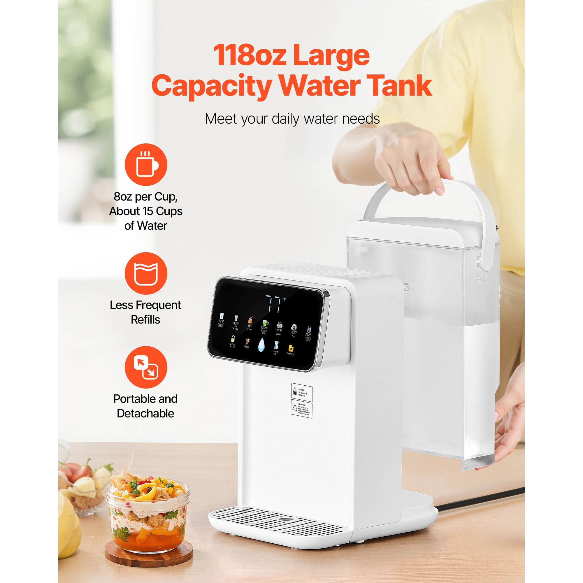 Instant Hot Water Dispenser, 7 Temperatures & 7 Volumes, 118oz Tank, Touchscreen with Child Lock