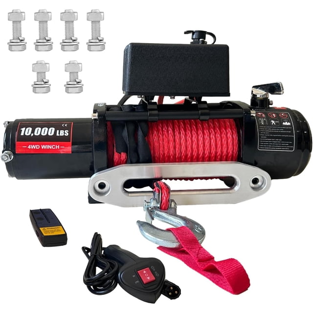 Kojooin 10000Lbs Electric Winch 85Ft Synthetic Rope with Wireless Remote Control, 12v Towing Winch IP67 Waterproof Automobile Winch for Trailer, Truck