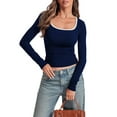 thumbnail image 2 of Women'S Long Sleeve Basic Tops Square Neck Ribbed Knit Color Block Shirts Fitted Navy Blue XL, 2 of 9