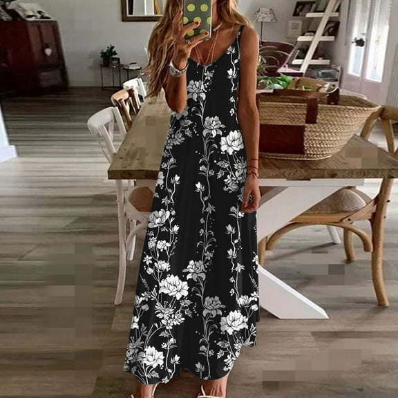 Women's Dresses Sleeveless Plus Size Under $10 Print Sleeveless Round Neck Dress Casual Long Dresses